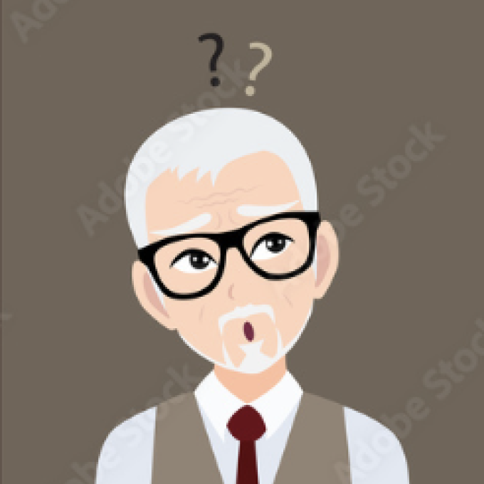 Older adult male tilts head to side thoughtfully.