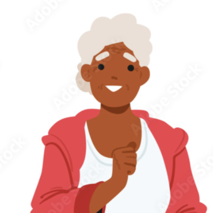 Older woman with dark skin and white hair in active pose.